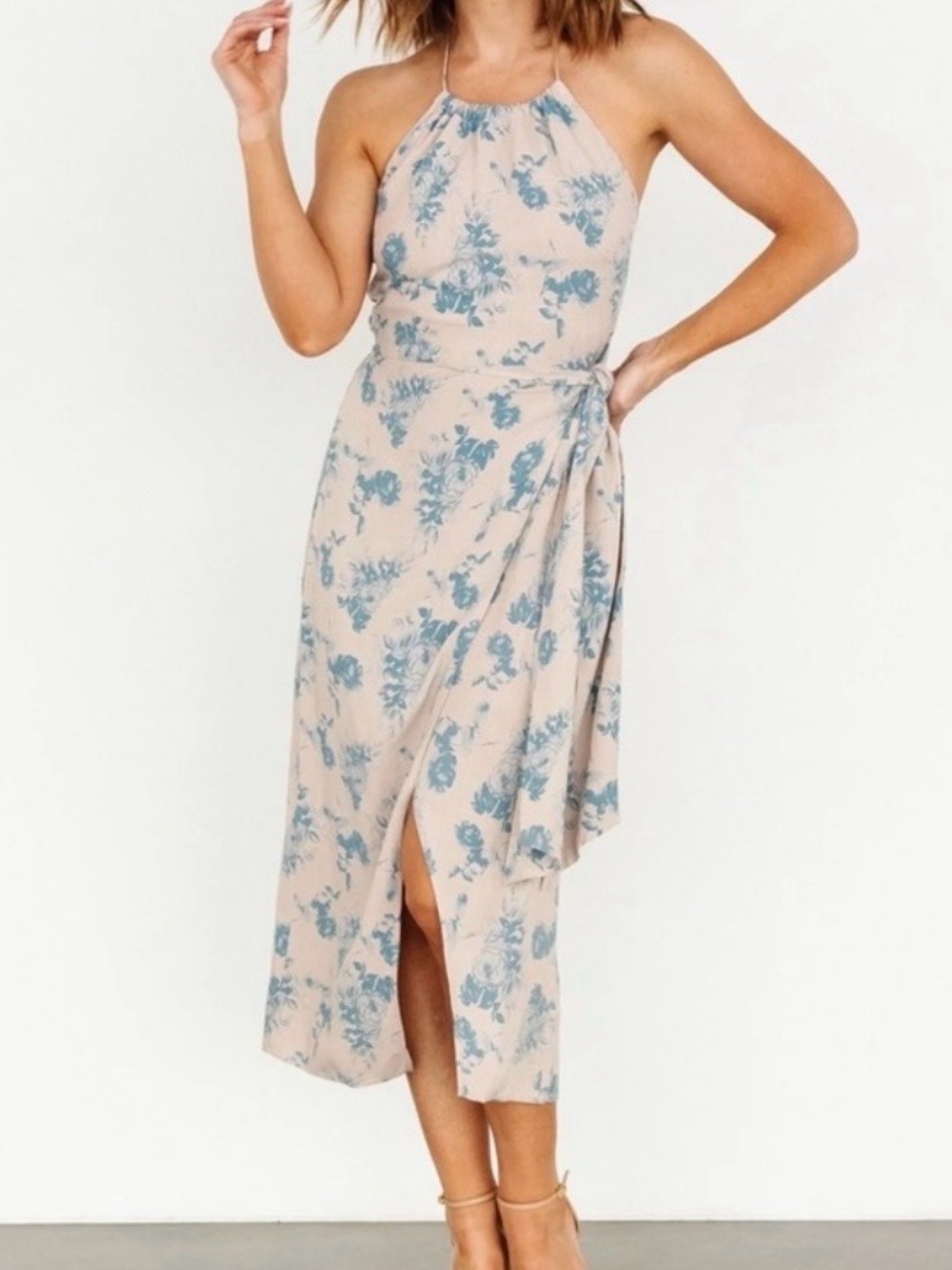 Baltic Born Size Large Nicole Floral Faux Wrap Midi Dress Halter Tie Boho
